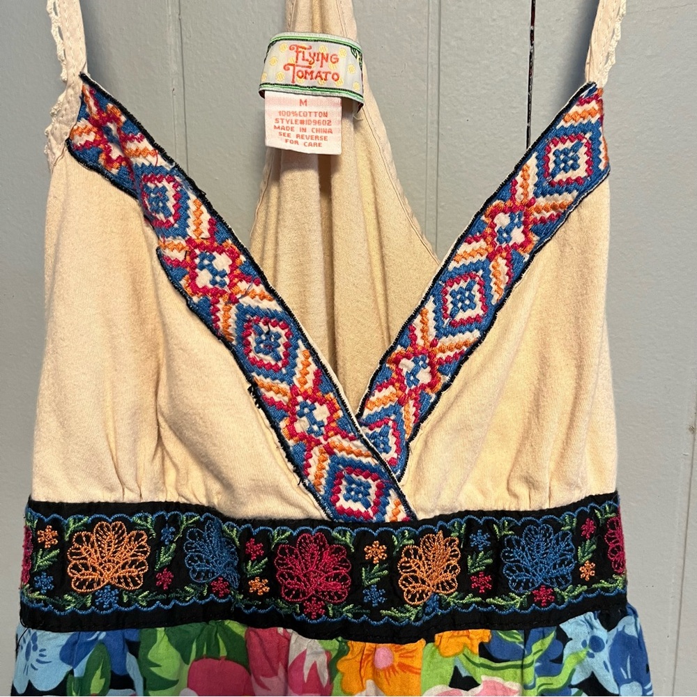 Y2K Flying Tomato Colorful Floral Embroidered Boho Babydoll Sundress Medium - Picture 3 of 12
